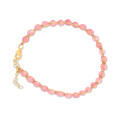 Quartz beaded bracelet, 'Pink and Gold' - Pink Quartz Bracelet with Gold Plated Clasp