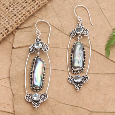 Cultured pearl and blue topaz dangle earrings, 'Balinese Mystic' - Blue Topaz and Cultured Pearl Earrings