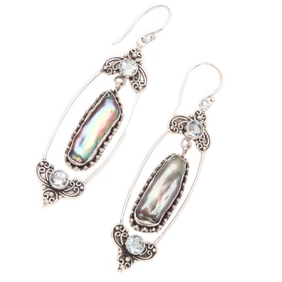 Cultured pearl and blue topaz dangle earrings, 'Balinese Mystic' - Blue Topaz and Cultured Pearl Earrings