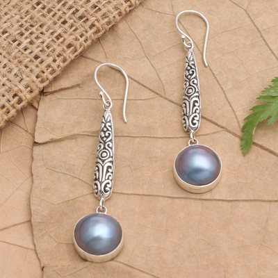 Pendientes colgantes de perlas mabe cultivadas, 'Balinese Vision' - Pendientes de perlas mabe cultivadas azules