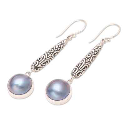 Cultured mabe pearl dangle earrings, 'Balinese Vision' - Blue Cultured Mabe Pearl Earrings