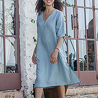 Vestido túnica de lino, 'Bright Sunday' - Vestido túnica de lino azul balinés con escote en pico