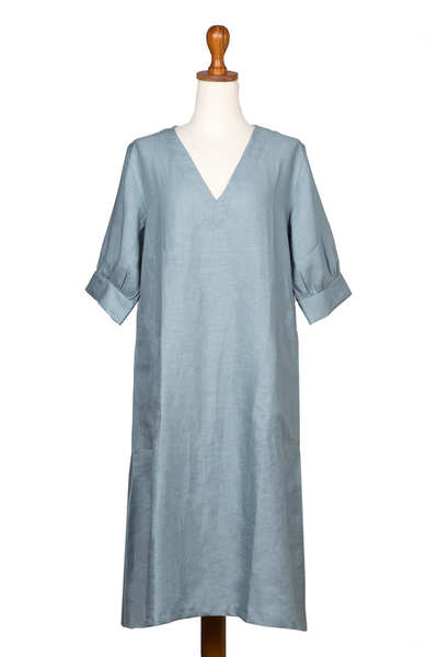 Vestido túnica de lino - Vestido Túnica Balinesa de Lino Azul con Escote en V