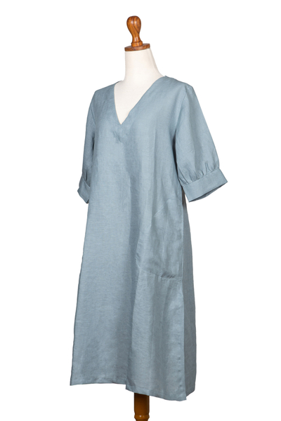 Vestido túnica de lino - Vestido Túnica Balinesa de Lino Azul con Escote en V