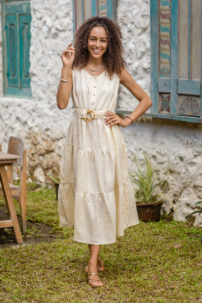 Linen tiered dress, 'Flawless' - Balinese Beige Linen Tiered Dress with Round Neck