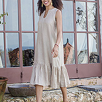Vestido de verano de lino, 'Breeze Wave' - Vestido de verano con volantes sin mangas de lino topo hecho a mano de Bali
