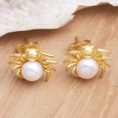Gold-plated cultured pearl button earrings, 'Crafty Spider' - Cultured Pearl Earrings in 18k Gold