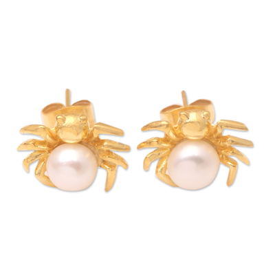 Gold-plated cultured pearl button earrings, 'Crafty Spider' - Cultured Pearl Earrings in 18k Gold