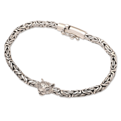 Men's sterling silver pendant bracelet, 'Jungle Jaguar' - Handcrafted Sterling Silver Men's Bracelet