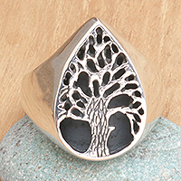 Men's sterling silver signet ring, 'Promise Tree' - Tree-Themed Men's Sterling Silver Signet Ring from Bali