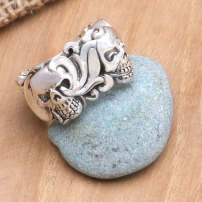 Sterling silver band ring, 'Two Skulls' - Unisex Sterling Silver Band Ring