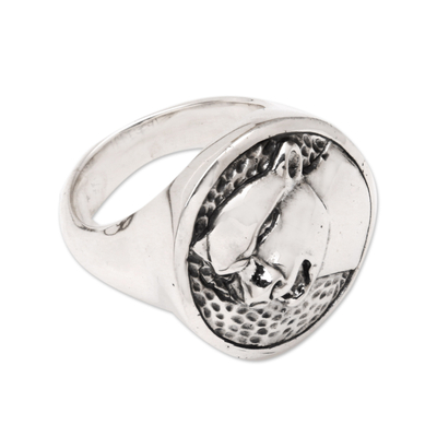 Men's sterling silver signet ring, 'Wild Cat' - Men's Sterling Silver Signet Ring with Lion Motif