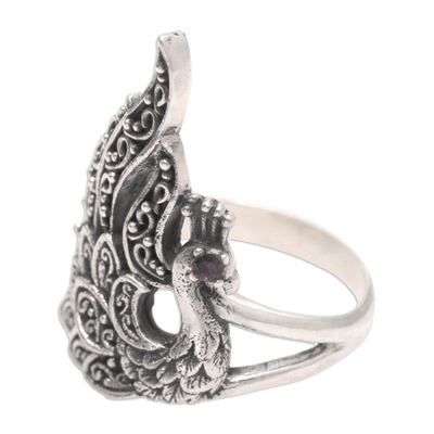Amethyst cocktail ring, 'Queen of Swans' - Handmade Amethyst Cocktail Ring with Swan Motif