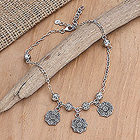 Sterling silver charm anklet, 'Flower Lanterns' - Sterling Silver Charm Anklet with Floral Motif