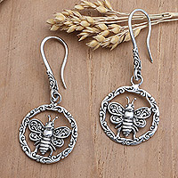Sterling silver dangle earrings, 'Bee Garden' - Handmade Sterling Silver Dangle Earrings with Bee Motif