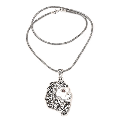 Men's garnet pendant necklace, 'Courageous Heart' - Men's Garnet Pendant Necklace with Lion Motif