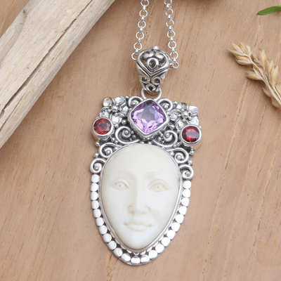 Amethyst and garnet pendant necklace, 'Woman of the Wilderness' - Artisan Crafted Amethyst and Garnet Pendant Necklace