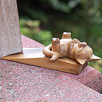 Handcrafted Sleeping Cat Wood Door Stop from Bali,'Lazy Day'