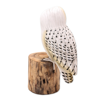 Wood statuette, 'Snow Owl' - Hand Made Suar Wood Owl Statuette from Java