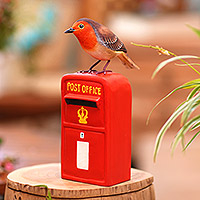 Wood statuette, 'Air Mail' - Artisan Crafted Suar Wood Bird Statuette