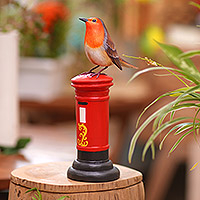 Wood statuette, 'Avian Postman' - Hand Carved Suar Wood Bird Statuette