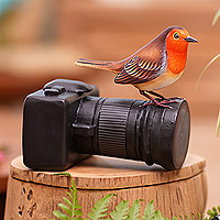 Wood statuette, 'Robin's Photo Shoot' - Suar Wood Bird Statuette with Camera Motif