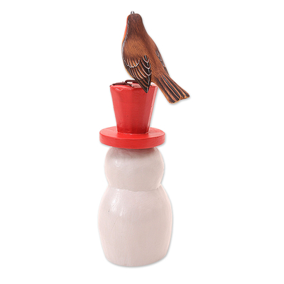 Wood statuette, 'Waiting for Spring' - Suar Wood Bird Statuette with Snowman Motif