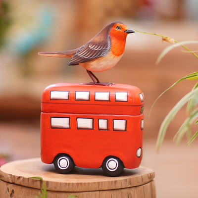 estatuilla de madera - Estatuilla de pájaro de madera de suar hecha a mano con motivo de autobús