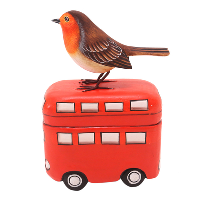 estatuilla de madera - Estatuilla de pájaro de madera de suar hecha a mano con motivo de autobús
