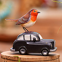 Wood statuette, 'Going Places' - Suar Wood Bird Statuette with Automobile Motif
