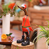 Wood statuette, 'Racer Duck' - Teak Wood Duck Statuette with Racer Motif