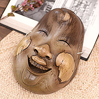 Máscara de madera, 'Wayan Jantuk' - Máscara de madera de hibisco tallada a mano de Bali