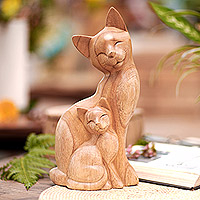 Wood sculpture, 'Mama Cat' - Artisan Hand-Carved Statuette