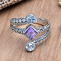 Amethyst and blue topaz cocktail ring, 'Bali Impressions' - Cocktail Ring with Amethyst and Blue Topaz