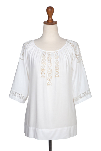 Hand-embroidered rayon blouse, 'Grace Note' - Hand-Embroidered White Rayon Blouse from Bali