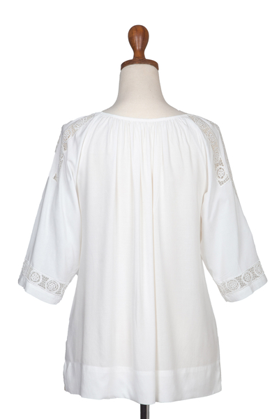 Hand-Embroidered White Rayon Blouse from Bali - Grace Note | NOVICA