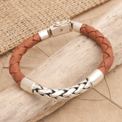 Men's leather and sterling silver pendant bracelet, 'Good Natured' - Men's Brown Leather and Sterling Silver Pendant Bracelet