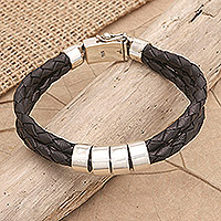 Men's leather and sterling silver pendant bracelet, 'Last Night in Bali' - Men's Black Leather and Sterling Silver Pendant Bracelet