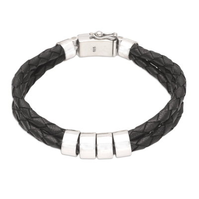Men's leather and sterling silver pendant bracelet, 'Last Night in Bali' - Men's Black Leather and Sterling Silver Pendant Bracelet