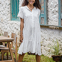 Hand-embroidered rayon a-line dress, 'Bloom Under Snow' - Hand-Embroidered Rayon A-Line Dress from Bali