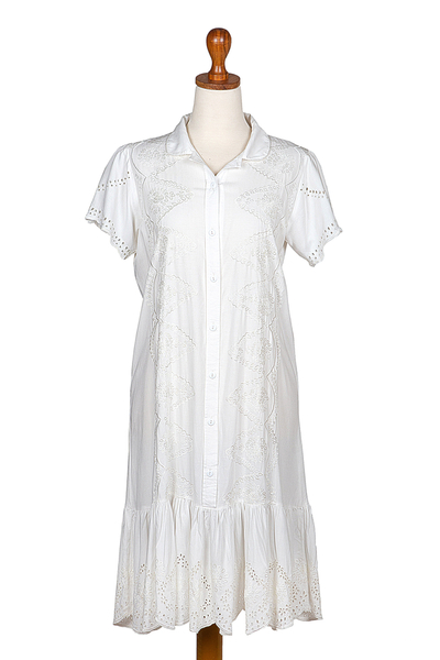 Hand-embroidered rayon a-line dress, Bloom Under Snow