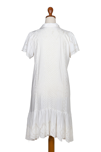Hand-embroidered rayon a-line dress, 'Bloom Under Snow' - Hand-Embroidered Rayon A-Line Dress from Bali