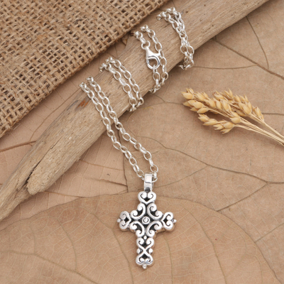 Sterling silver pendant necklace, 'My Philosophy' - Sterling Silver Pendant Necklace with Cross Motif