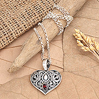 Garnet pendant necklace, 'Believing Heart' - Garnet Pendant Necklace with Heart Motif