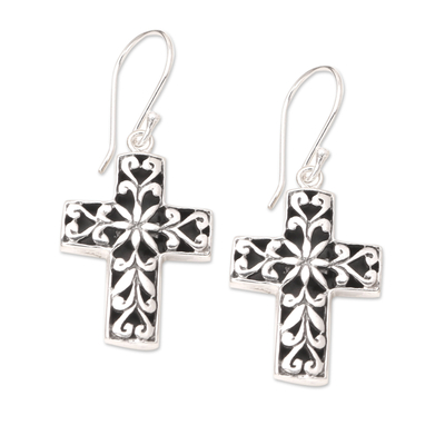 Sterling silver dangle earrings, 'Eternal Flowers' - Sterling Silver Dangle Earrings with Cross Motif