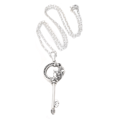 Sterling silver pendant necklace, 'Unlock Your Heart' - Sterling Silver Pendant Necklace with Key Motif