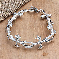 Men's sterling silver link bracelet, 'Sun Cross' - Men's Sterling Silver Link Bracelet with Cross Motif