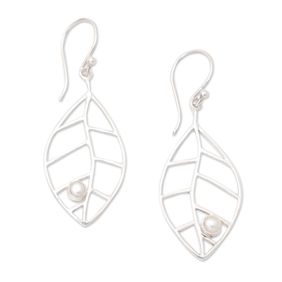 Cultured pearl dangle earrings, 'Leafy Innocence' - Sterling Silver Leafy Dangle Earrings with Cultured Pearls