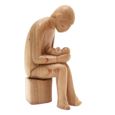 Wood statuette, 'My First Love' - Family-Themed Hibiscus Wood Statuette
