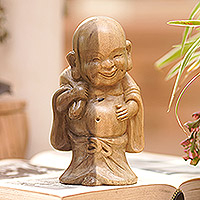 Wood statuette, 'Lucky Day' - Hibiscus Wood Buddha Statuette from Bali